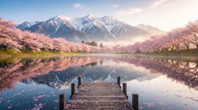Sakura Mountain Lake Wallpaper